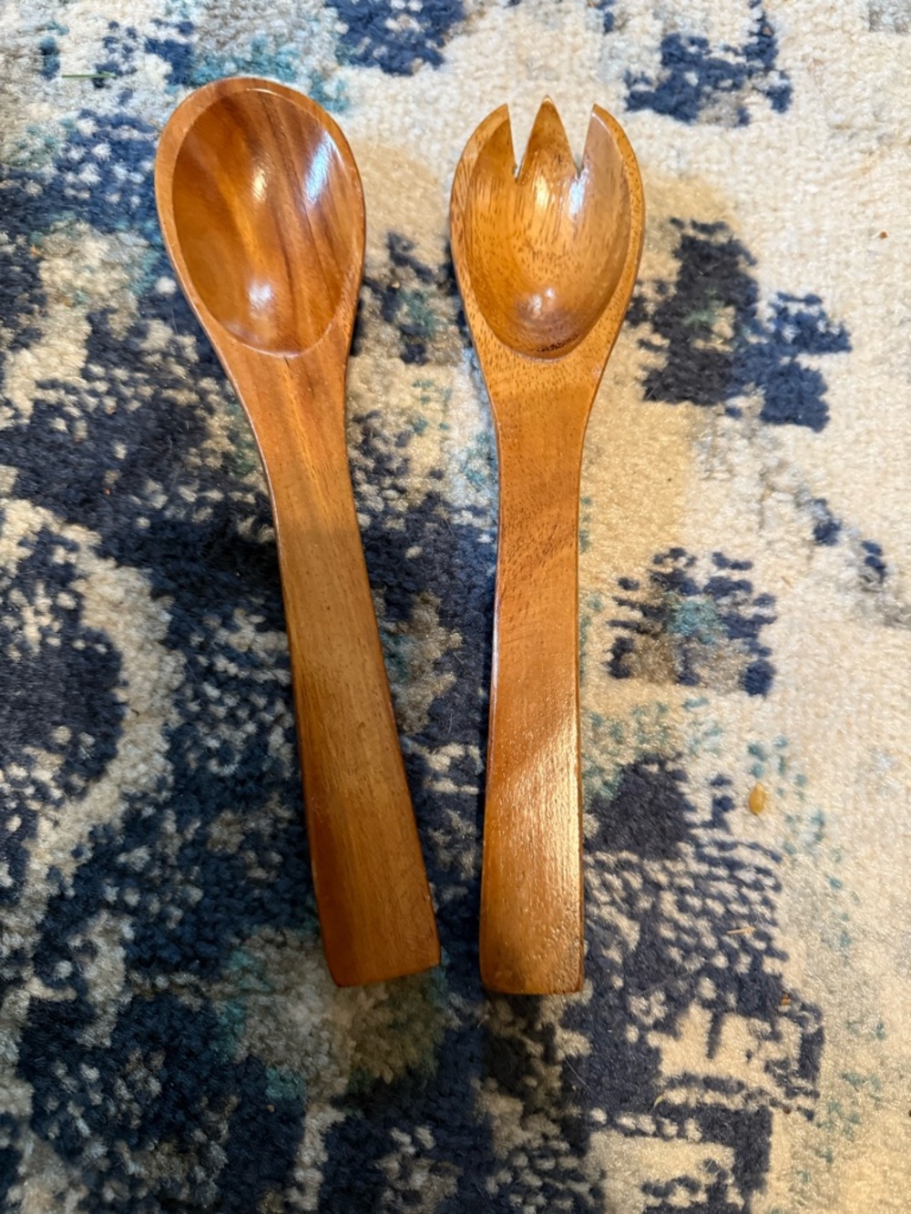 Vintage MCM 9inch Wooden Salad Serving Spoon and Fork Set - Brown